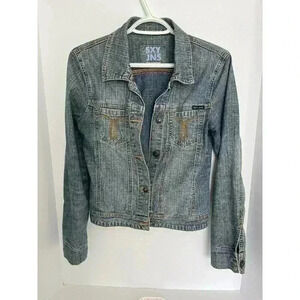 SXY JNS Y2K Cropped Denim Jacket Medium Wash Distressed Fitted M